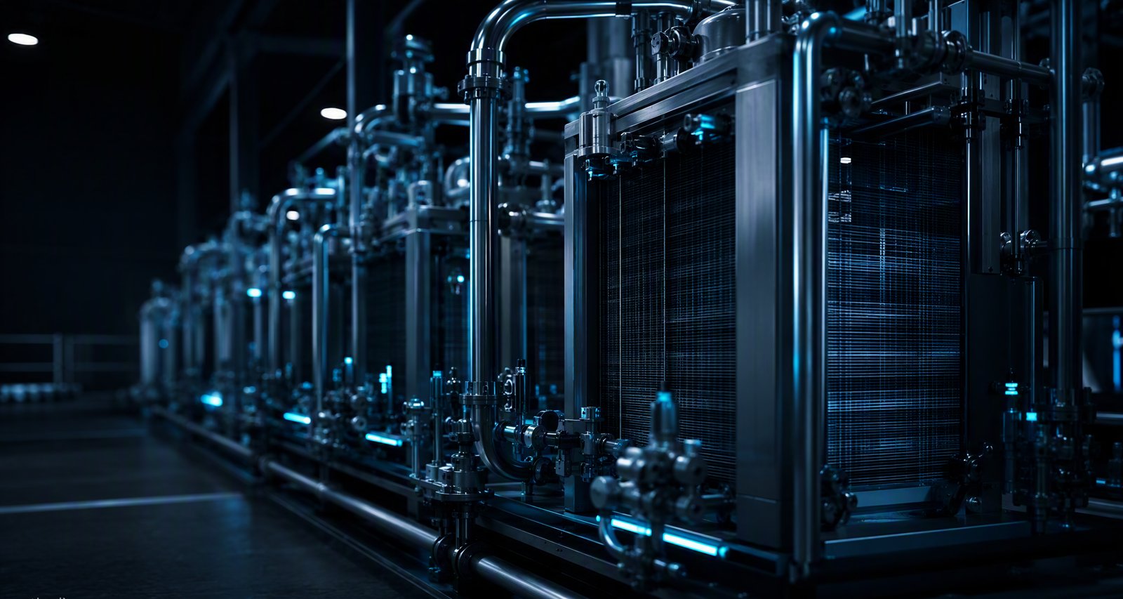 Electrolyzer hall of a green hydrogen plant with steel stacks and piping