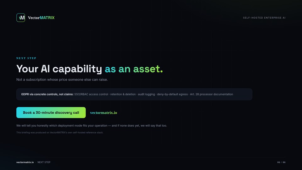 Closing — your AI capability as an asset, with discovery-call invitation.